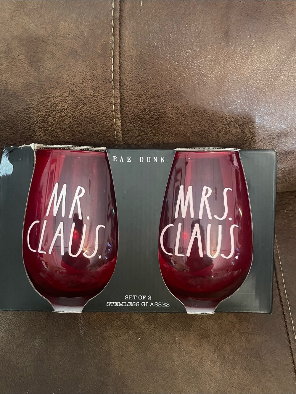Rae Dunn Red 'Mr. Claus' & 'Mrs. Claus' Stemless Glasses Set
